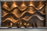 Fototapeta  - Abstract Wooden Wave Wall Sculpture with Elegant Vases in Modern Lobby. Contemporary Art Installation. Curved Wood Panels and Ceramic Vases