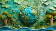Sea background, beautiful green and blue sphere resembling the earth, made of kraft paper and covered
