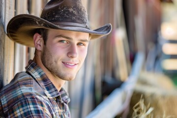 A handsome American in a hat on the farm