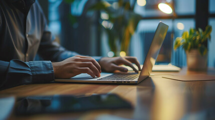 Poster - businessman sitting at desk working on laptop, person sitting in office typing on laptop