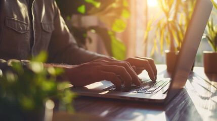 Poster - businessman sitting at desk working on laptop, person sitting in office typing on laptop