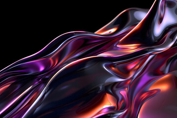Wall Mural - abstract 3D background in the form of a transparent violet-red wave on a black background, liquid glass texture, purple and red iridescent shiny wave