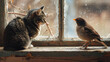 A striking image of a house cat intrigued by the presence of a little bird on a weathered windowsill