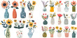 Blooming spring flowers, tropical leaves and herbs in jugs and teapots