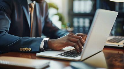 Poster - businessman sitting at desk working on laptop, person sitting in office typing on laptop