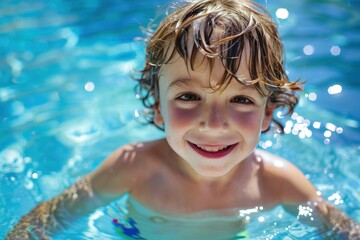 Wall Mural - Happy kid boy playing in the pool on a hot summer day