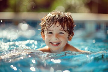 Wall Mural - Happy kid boy playing in the pool on a hot summer day