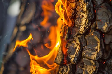 Wall Mural - closeup of tree bark catching fire, flames visible