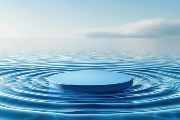 floating blue podium on wavy ripple water background