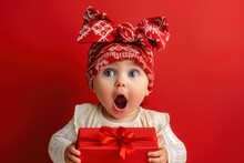 Surprised Baby Girl Opening A Christmas Gift Box Isolated On Solid Red Background