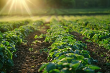 Wall Mural - Sunlit green field of potato crops in a row