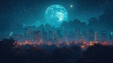City Buildings At Night Moon
