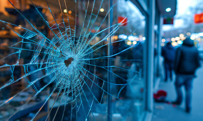  Close-up Detail of Cracked Window Glass Texture with Bullet Impact