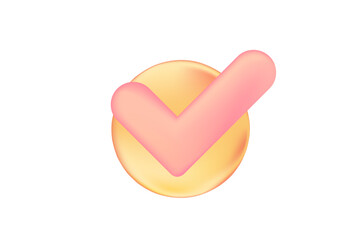 Cute pink check mark icon, with yellow or peach color smooth bubble icon. Creative accept or approved, vote, choice, success concept vector isolated asset perfect for presentation, infographics