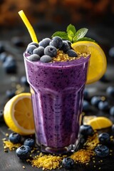 Wall Mural - Tasty blueberry smoothie in glass on white background 