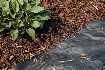 Wall Mural - black landscape fabric peeking out from mulch layer