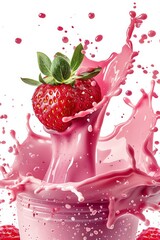 Poster - Fresh strawberry flying in pink yogurt splash isolated on white 