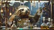 A sloth is humorously portrayed conducting a chemical experiment with flasks and laboratory apparatus