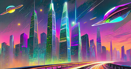 Futuristic city illustration in cyber city , city , Ai Generated image