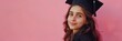 International Student's Day, world, portrait of a beautiful European student girl in an academic cap, brunette, horizontal banner, pink background