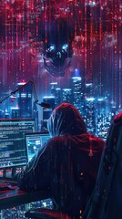 Grim coder at work, skull aglow amidst a sea of cyberlights