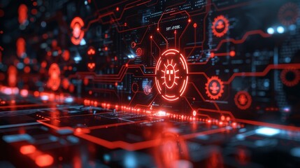 Poster - visual representation of a digital interface showcasing symbols for cybersecurity threats and warnin