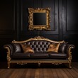 ornate black leather Chesterfield sofa with gold accents in dark paneled room