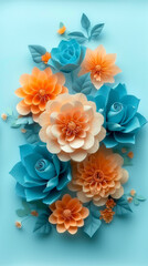 Wall Mural - A blue and orange flower arrangement with a blue background. The flowers are made of paper and are arranged in a way that they look like real flowers. The arrangement is colorful and lively