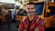 portrait of a smiling man in an orange jumpsuit standing in front of a truck