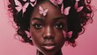 HD close-up of an enchanting African American girl with delicate pink butterflies nestled in her hair, creating a visual ode to the naturalness of cosmetic products on a pink studio canvas.