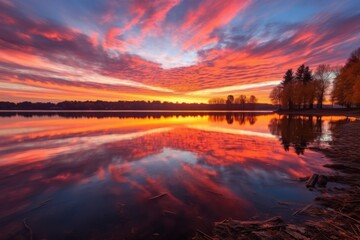 Poster - A vivid sunset sky over a calm lake with a colorful reflection on the water surface