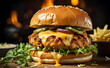 © Ariyan - Present a close-up view of a fully assembled chicken burger, focusing on the golden-brown bun, the perfectly grilled chicken patty, melted cheese oozing down the sides