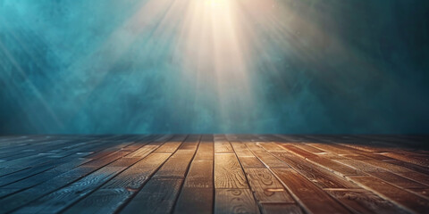 Wall Mural - Abstract blurred background with blue wall and wooden floor with light rays of sunlight, Abstract light in a dark empty room with smoke, banner
