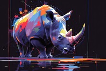 A Rhino Made Of Colorful Paint Splashes, On A Black Background