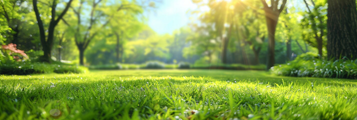 Wall Mural - Beautiful spring nature with a neatly trimmed lawn surrounded by trees against a blue sky background with clouds on a bright sunny day.banner.Beautiful summer natural landscape spring grass