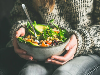 Woman holding bowl containing healthy vegetarian meal.