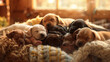 Relaxed litter of puppies of various colors sleeping soundly on a bulky knitted blanket, capturing the essence of contentment