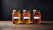 Collection of jars of different types of honey with flag Yemen. Concept export and import honey.