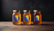 Collection of jars of different types of honey with flag Bosnia and Herzegovina. Concept export and import honey.