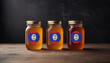Collection of jars of different types of honey with flag Belize. Concept export and import honey.