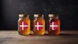 Collection of jars of different types of honey with flag Denmark. Concept export and import honey.