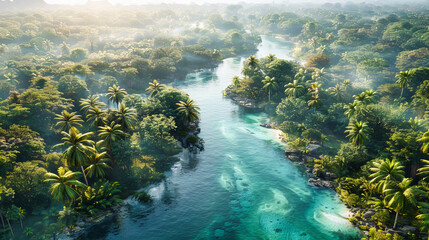 Wall Mural - Tropical River Escape: Aerial Views Reveal the Lush, Winding Pathways Through Vibrant Greenery