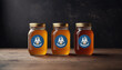 Collection of jars of different types of honey with flag Louisiana. Concept export and import honey.