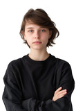 Fototapeta  - Portrait of teenage girl wearing black sweatshirt isolated on transparent or white background. Gen Z kid with arms folded on her chest