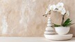 White orchids with zen stones on a textured cream surface, tranquil beauty