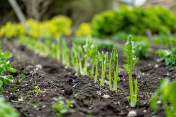 Wall Mural - Young vegetable sprouts in the soil, organic growth and sustainable gardening