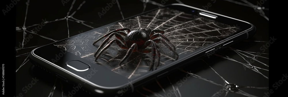 Spider Using Phone Spider on smartphone with cobweb background. Cyber 3d toxic insect with ...