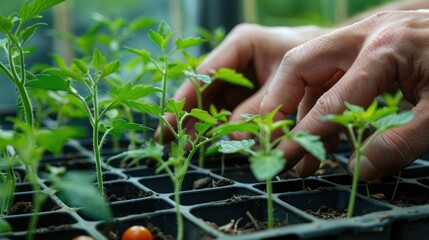 Wall Mural - planting tomato sprouts by hand. Planting and farming concept.Ai generated