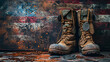 Old army combat boots stand against the background of the American flag. Memorial Day, remembering the fallen soldiers around the world. Generative AI
