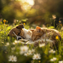 A Serene Image Capturing A Heartwarming Moment Of A Dog And Cat Sleeping Side By Side Amid Vibrant Flowers And Greenery